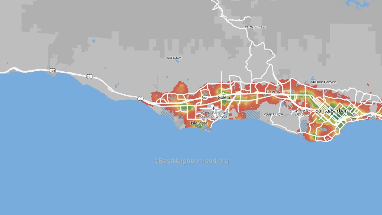 Walk Grade map of 93117, CA, walkable areas in green and car-dependent areas in red