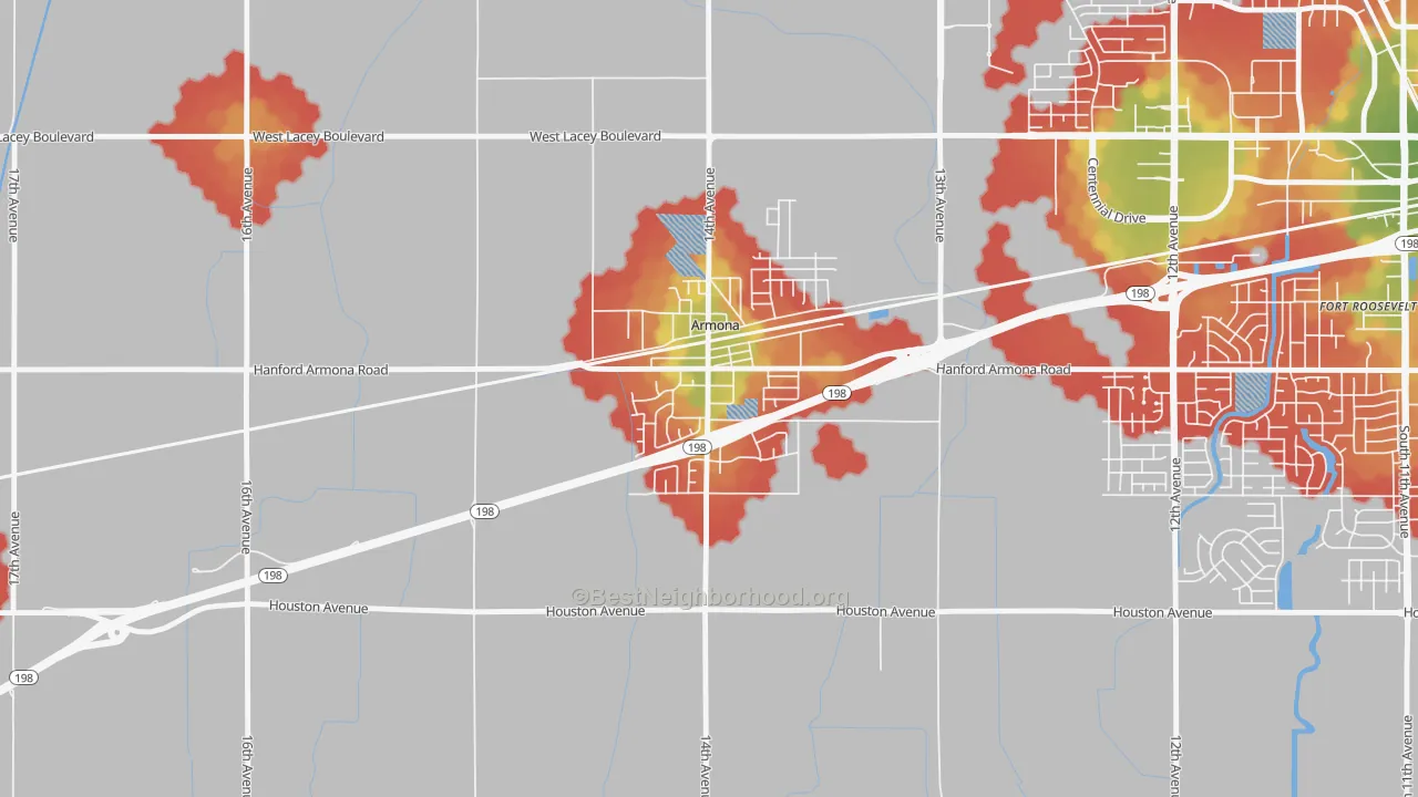 Walk Grade map of 93202, CA, walkable areas in green and car-dependent areas in red