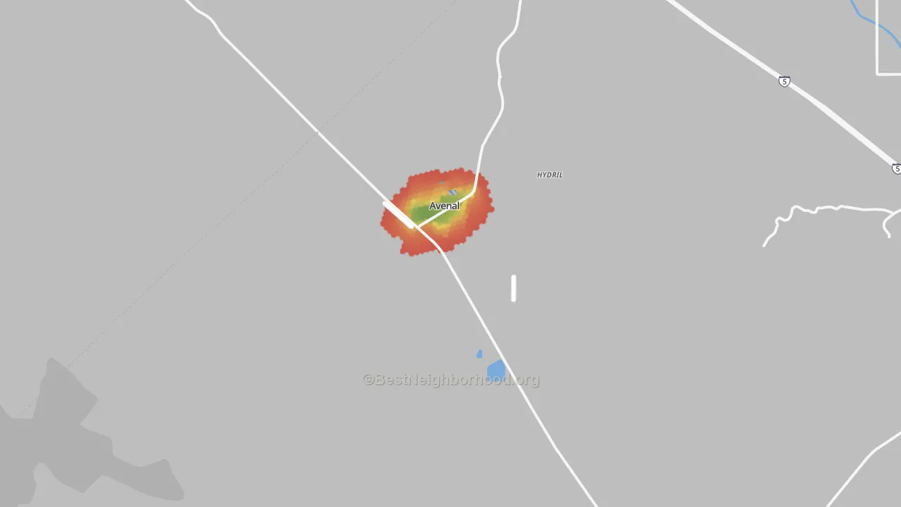 Walk Grade map of 93204, CA, walkable areas in green and car-dependent areas in red