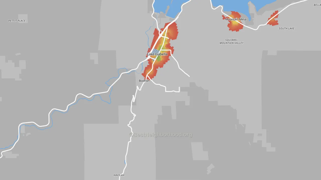 Walk Grade map of 93205, CA, walkable areas in green and car-dependent areas in red