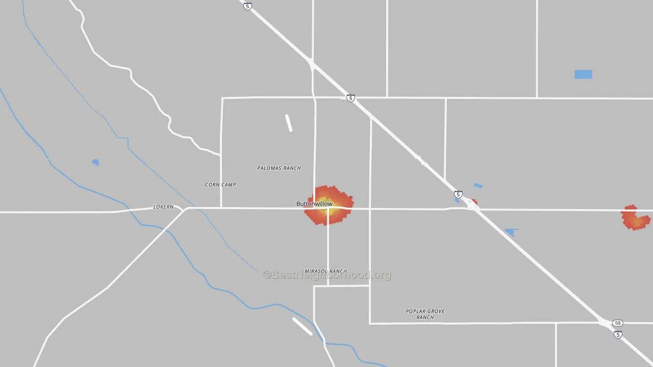 Walk Grade map of 93206, CA, walkable areas in green and car-dependent areas in red