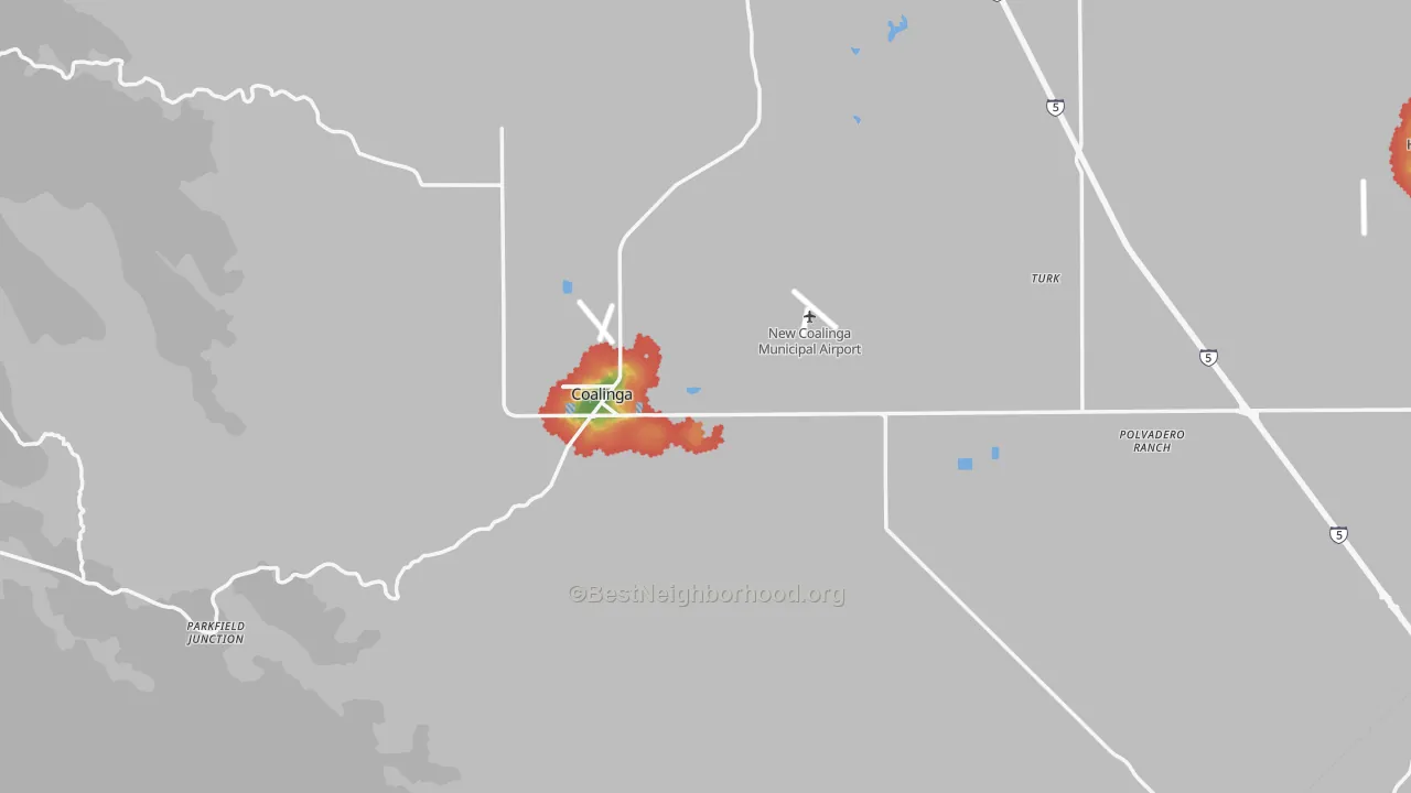 Walk Grade map of 93210, CA, walkable areas in green and car-dependent areas in red