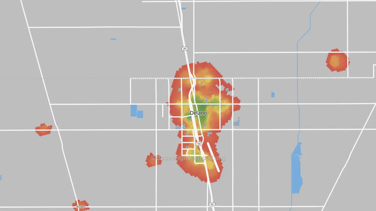 Walk Grade map of 93215, CA, walkable areas in green and car-dependent areas in red