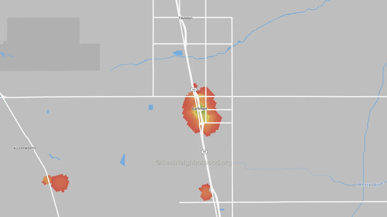 Walk Grade map of 93219, CA, walkable areas in green and car-dependent areas in red