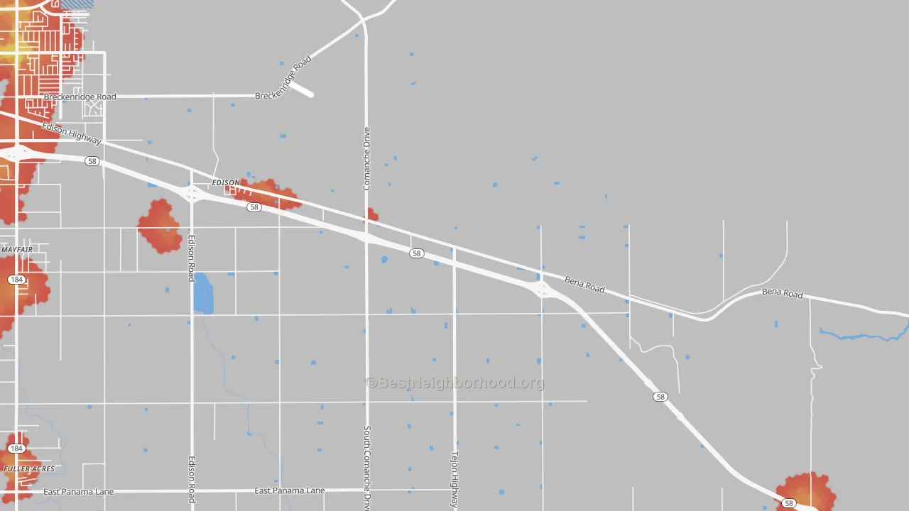 Walk Grade map of 93220, CA, walkable areas in green and car-dependent areas in red