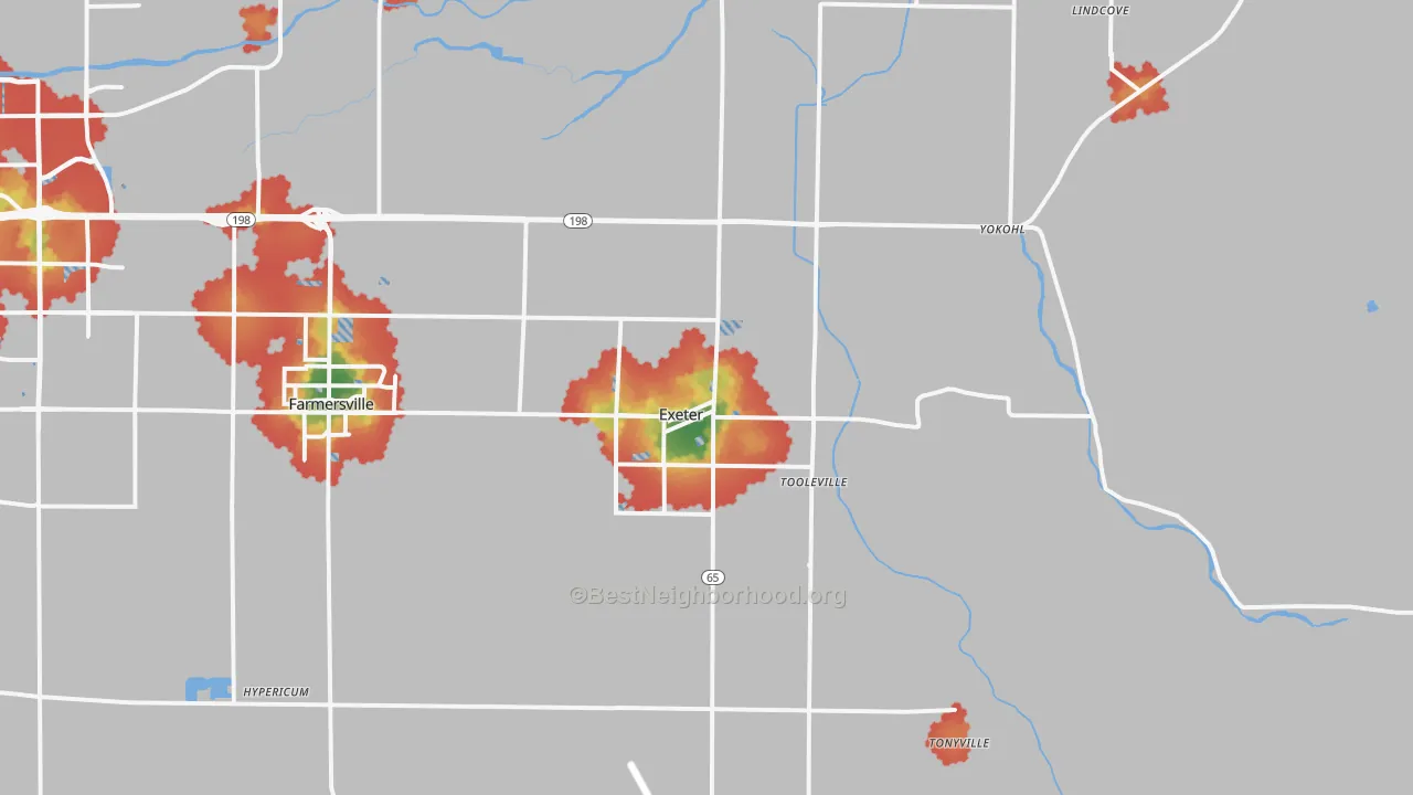 Walk Grade map of 93221, CA, walkable areas in green and car-dependent areas in red