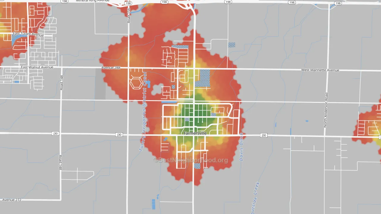 Walk Grade map of 93223, CA, walkable areas in green and car-dependent areas in red