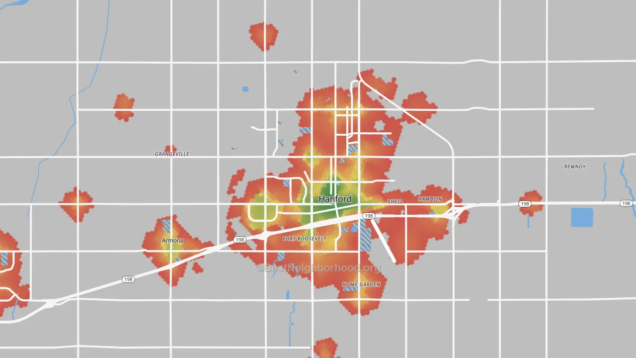 Walk Grade map of 93230, CA, walkable areas in green and car-dependent areas in red