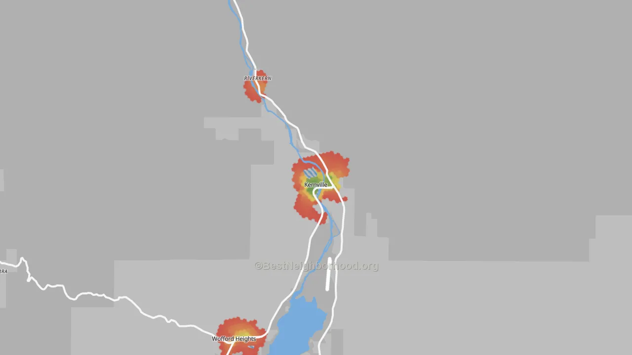 Walk Grade map of 93238, CA, walkable areas in green and car-dependent areas in red