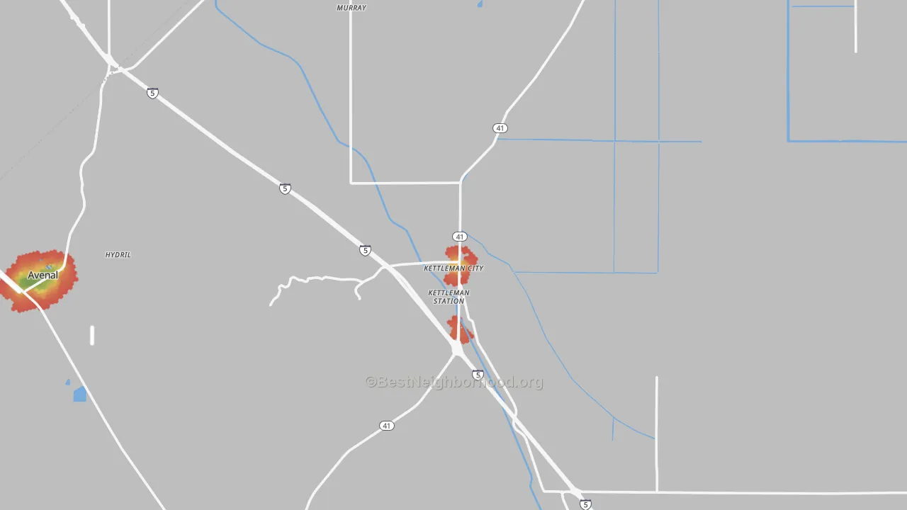 Walk Grade map of 93239, CA, walkable areas in green and car-dependent areas in red