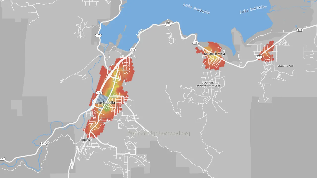 Walk Grade map of 93240, CA, walkable areas in green and car-dependent areas in red