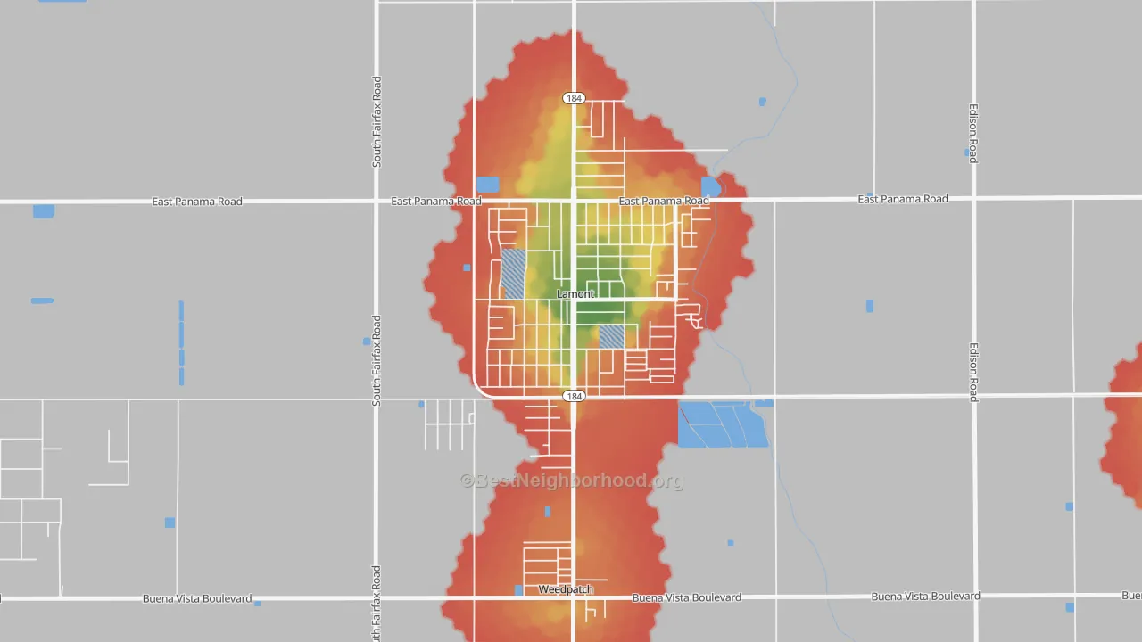 Walk Grade map of 93241, CA, walkable areas in green and car-dependent areas in red