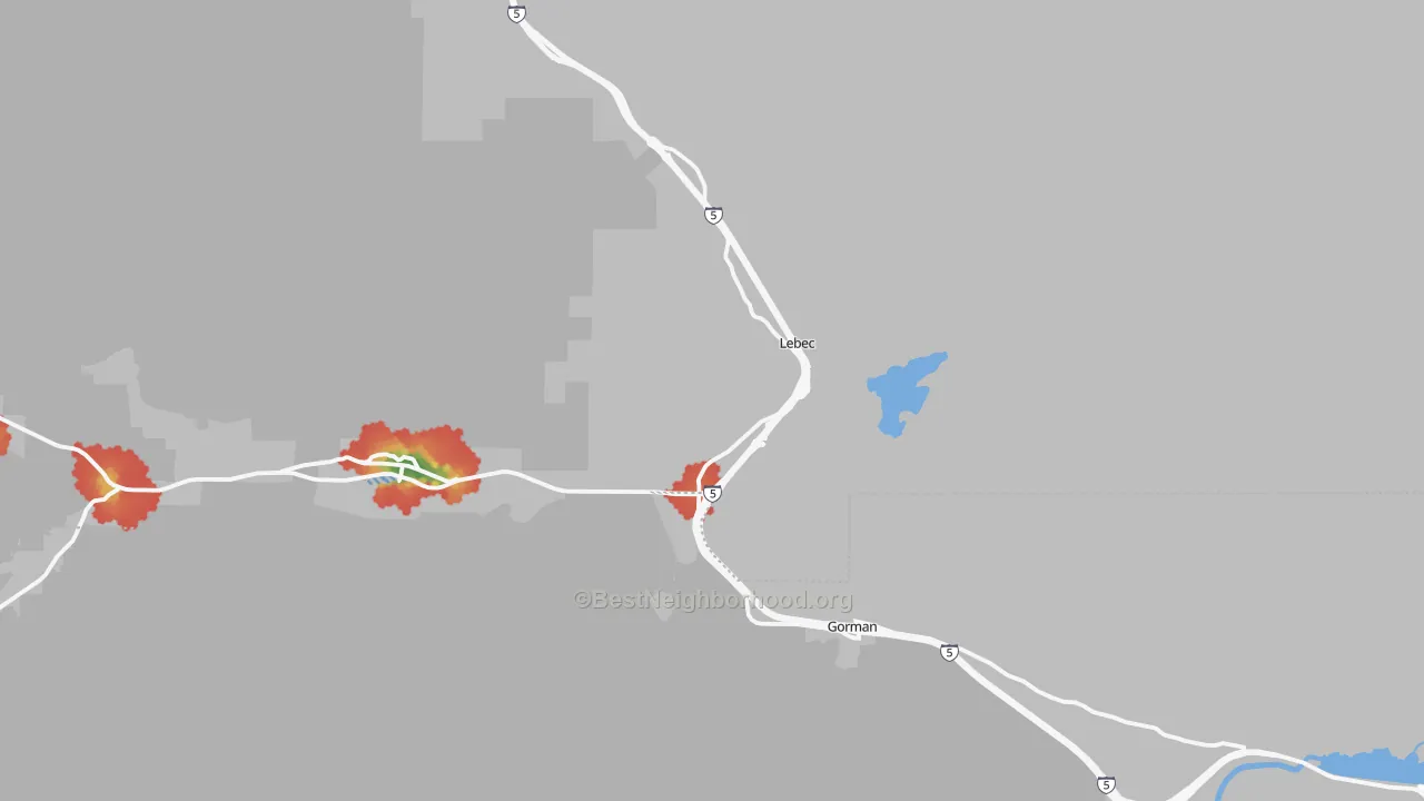 Walk Grade map of 93243, CA, walkable areas in green and car-dependent areas in red