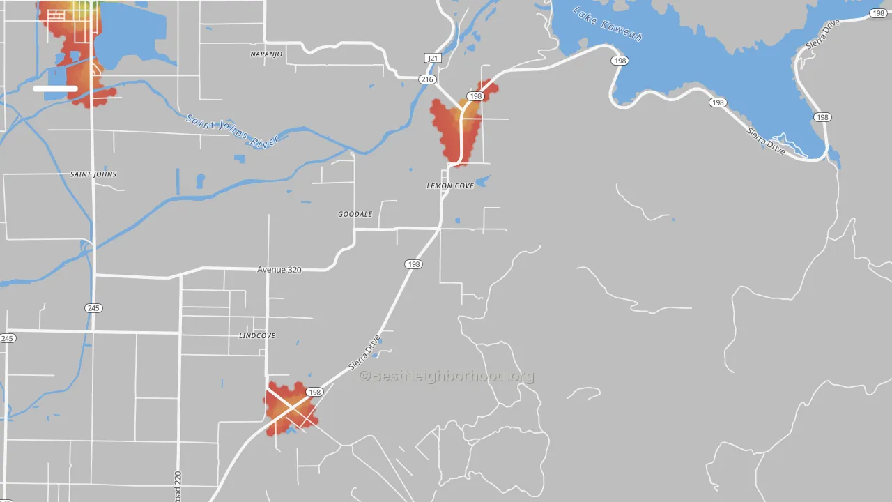 Walk Grade map of 93244, CA, walkable areas in green and car-dependent areas in red