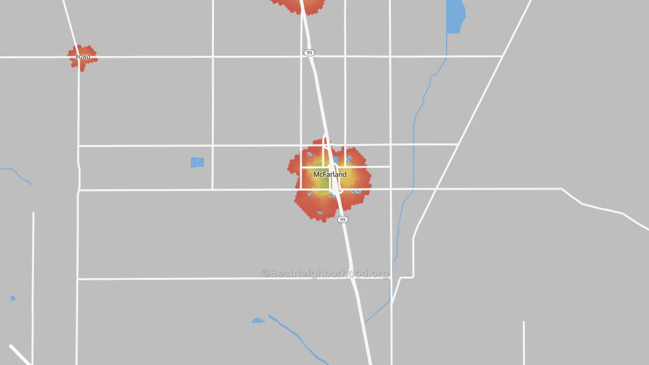 Walk Grade map of 93250, CA, walkable areas in green and car-dependent areas in red