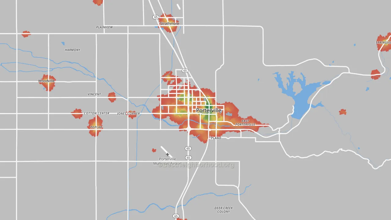 Walk Grade map of 93257, CA, walkable areas in green and car-dependent areas in red