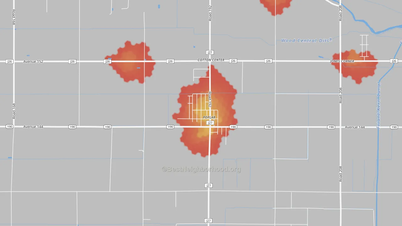 Walk Grade map of 93258, CA, walkable areas in green and car-dependent areas in red