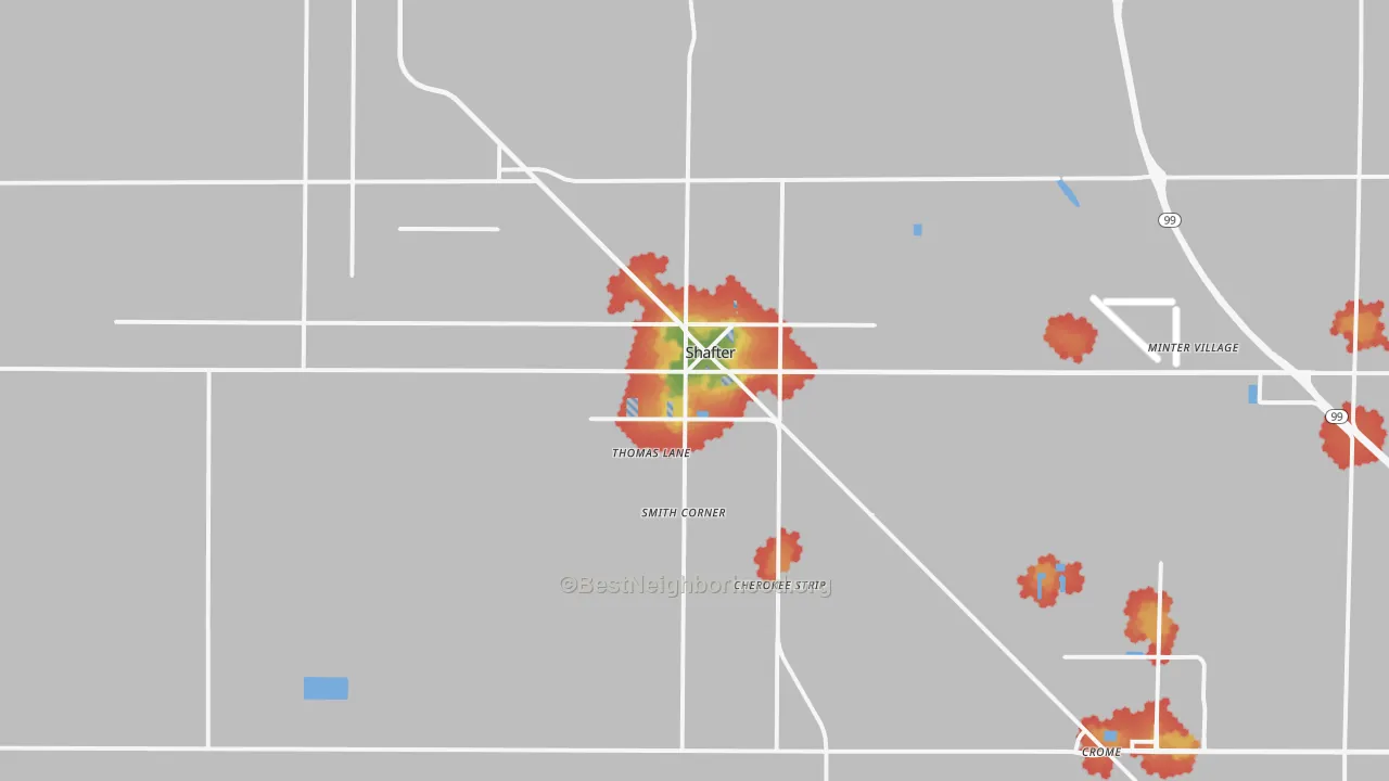 Walk Grade map of 93263, CA, walkable areas in green and car-dependent areas in red