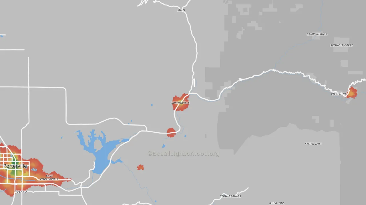 Walk Grade map of 93265, CA, walkable areas in green and car-dependent areas in red