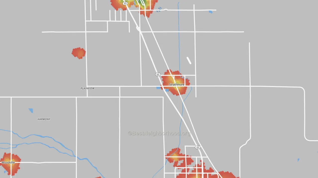 Walk Grade map of 93267, CA, walkable areas in green and car-dependent areas in red