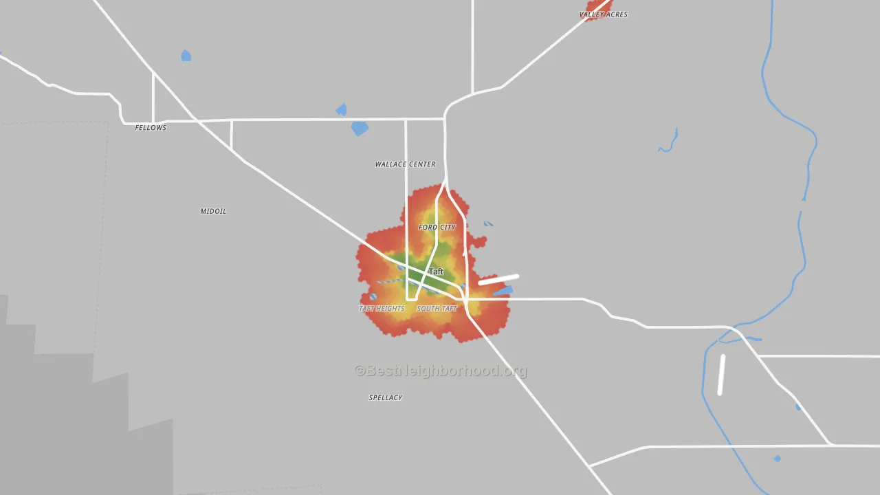 Walk Grade map of 93268, CA, walkable areas in green and car-dependent areas in red