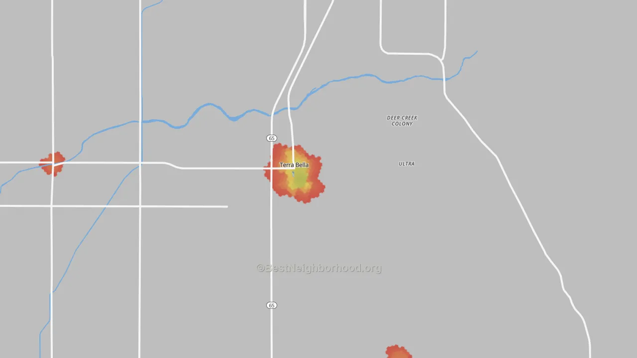 Walk Grade map of 93270, CA, walkable areas in green and car-dependent areas in red