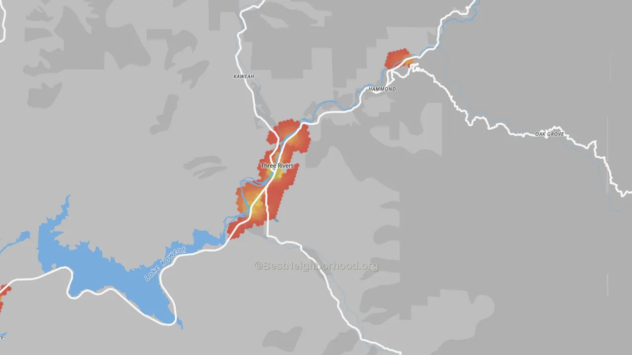 Walk Grade map of 93271, CA, walkable areas in green and car-dependent areas in red