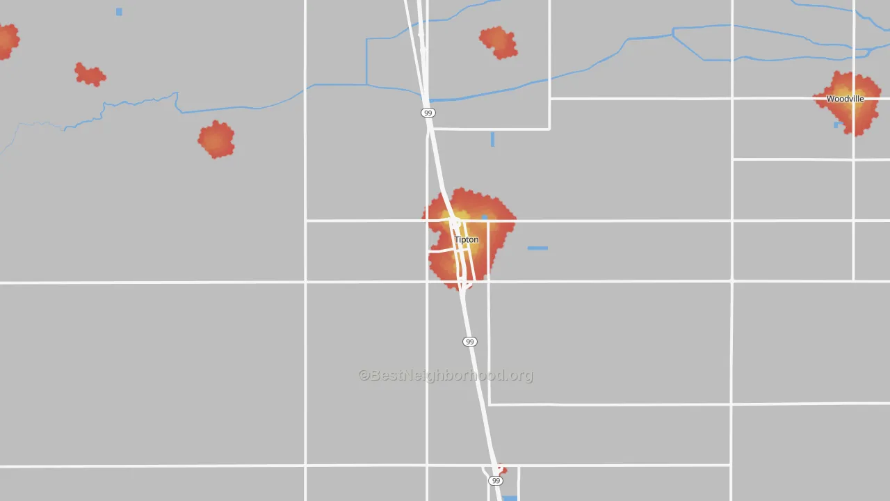 Walk Grade map of 93272, CA, walkable areas in green and car-dependent areas in red