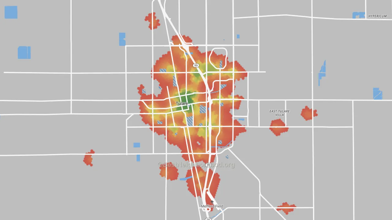 Walk Grade map of 93274, CA, walkable areas in green and car-dependent areas in red