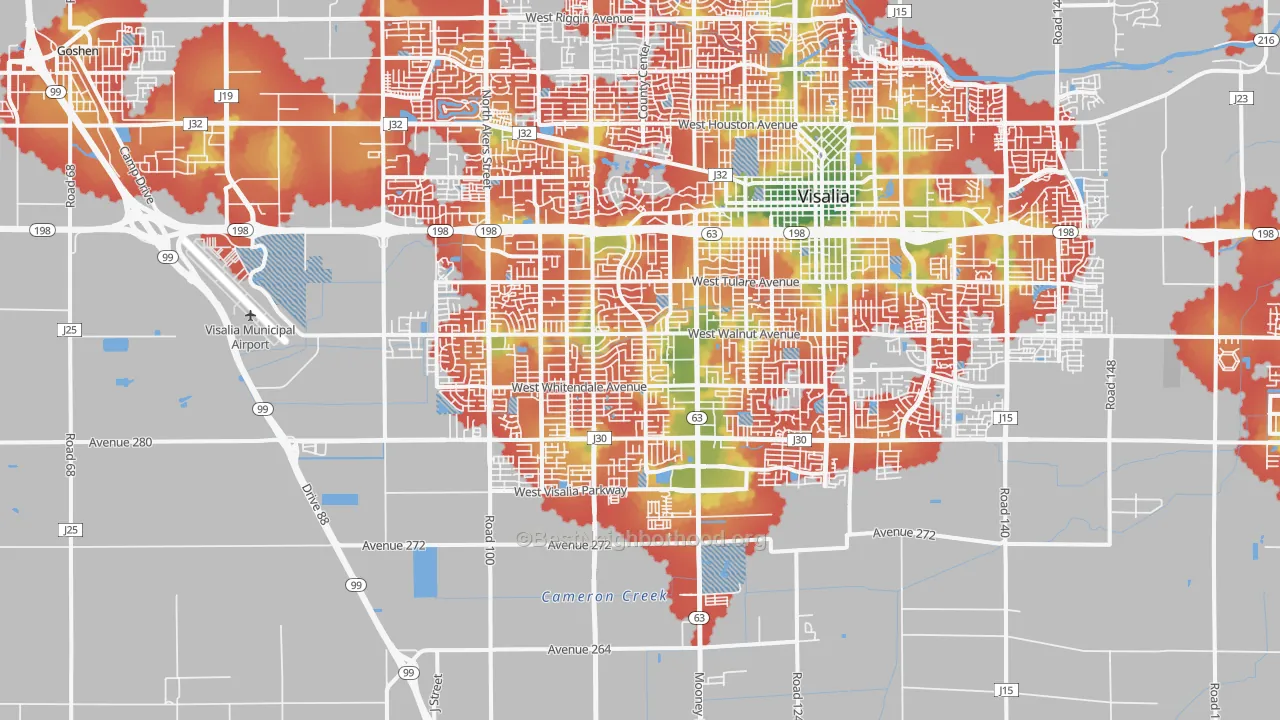Walk Grade map of 93277, CA, walkable areas in green and car-dependent areas in red
