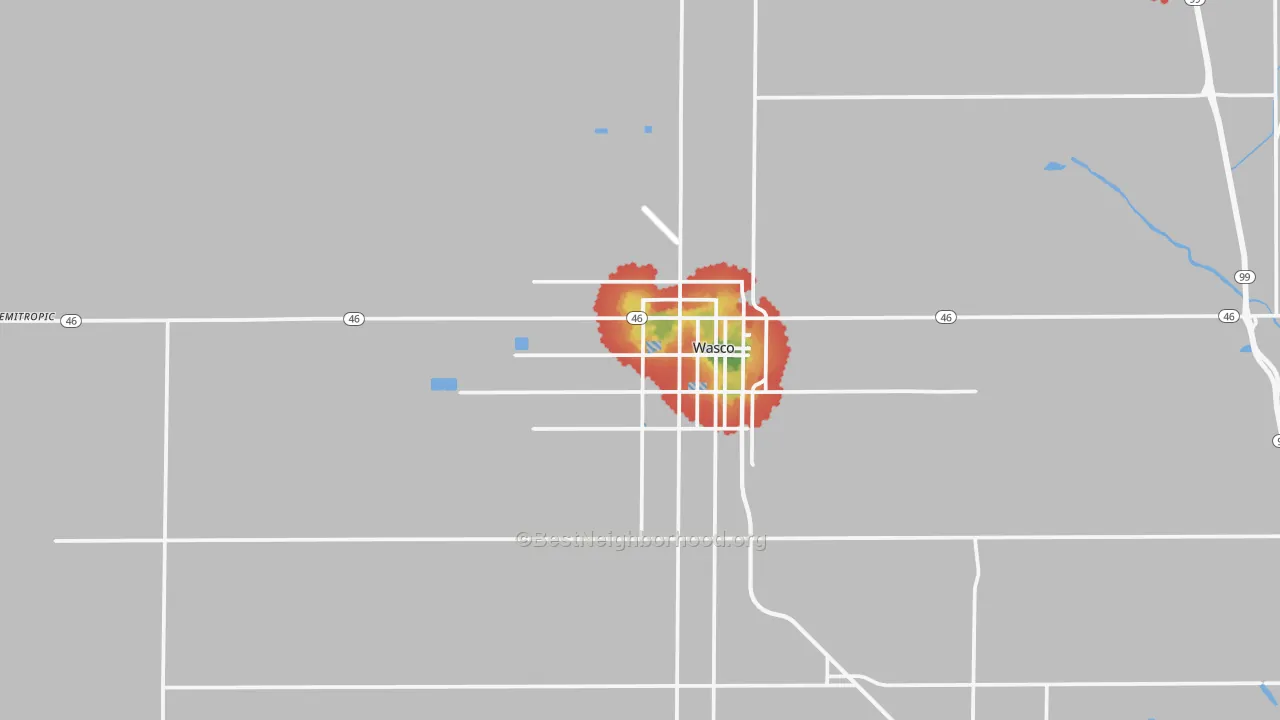 Walk Grade map of 93280, CA, walkable areas in green and car-dependent areas in red