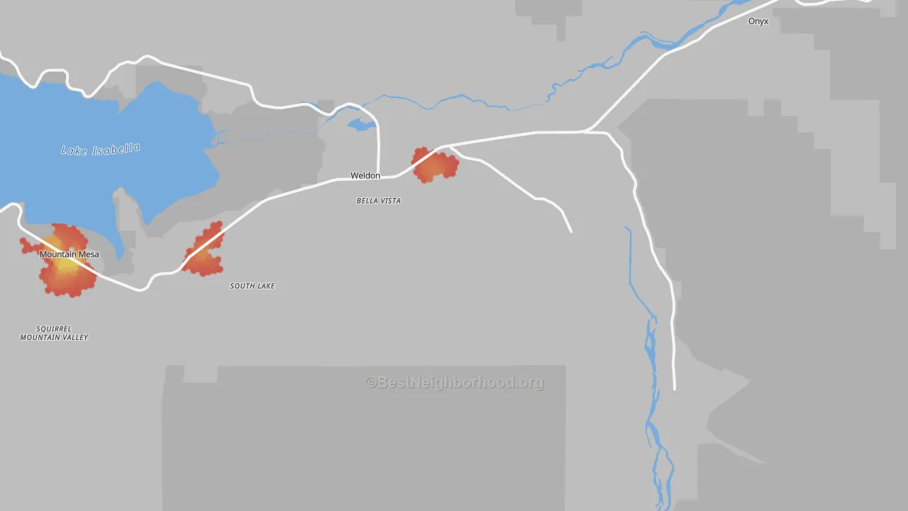 Walk Grade map of 93283, CA, walkable areas in green and car-dependent areas in red