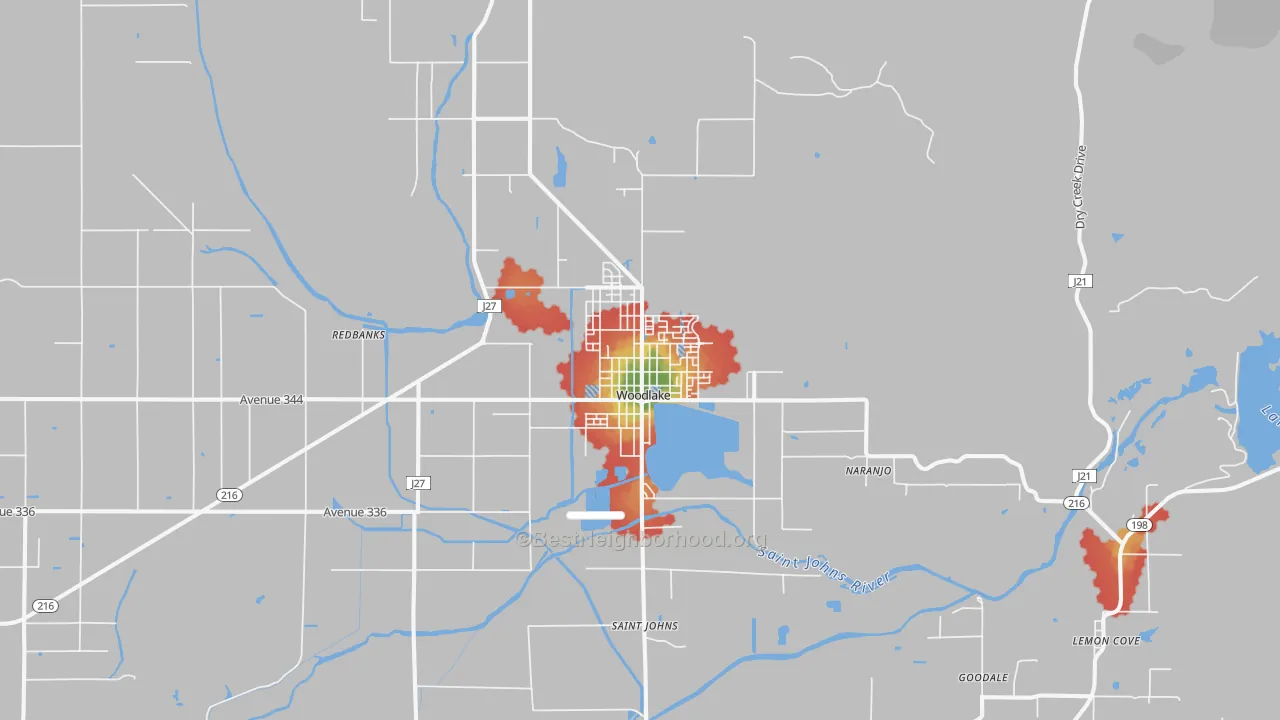 Walk Grade map of 93286, CA, walkable areas in green and car-dependent areas in red