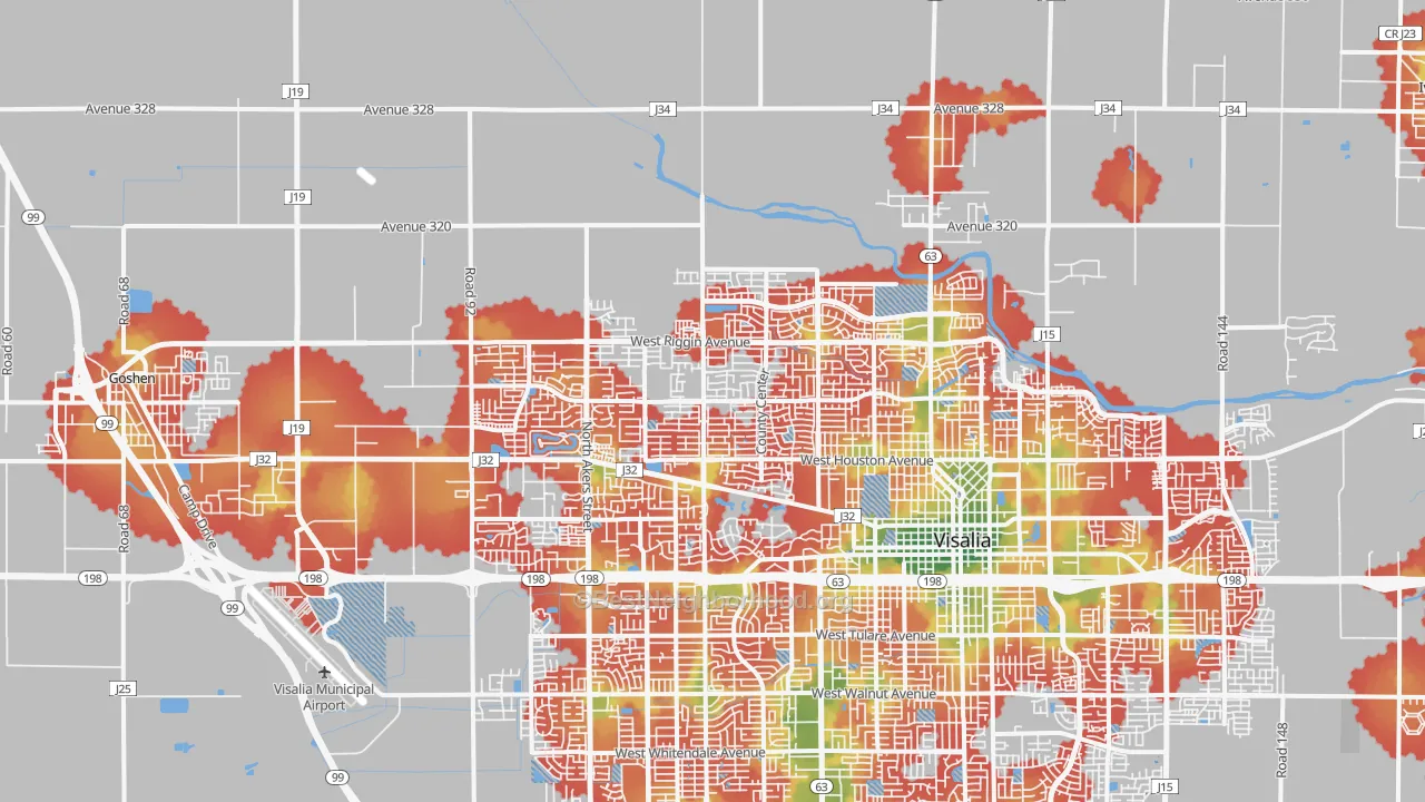 Walk Grade map of 93291, CA, walkable areas in green and car-dependent areas in red