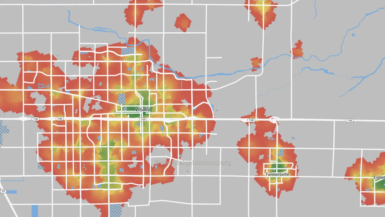 Walk Grade map of 93292, CA, walkable areas in green and car-dependent areas in red