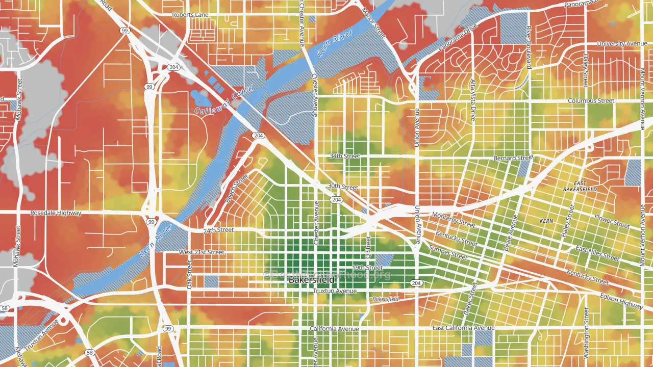Walk Grade map of 93301, CA, walkable areas in green and car-dependent areas in red