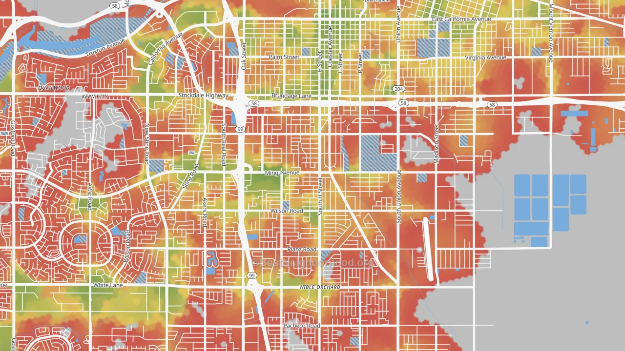 Walk Grade map of 93304, CA, walkable areas in green and car-dependent areas in red