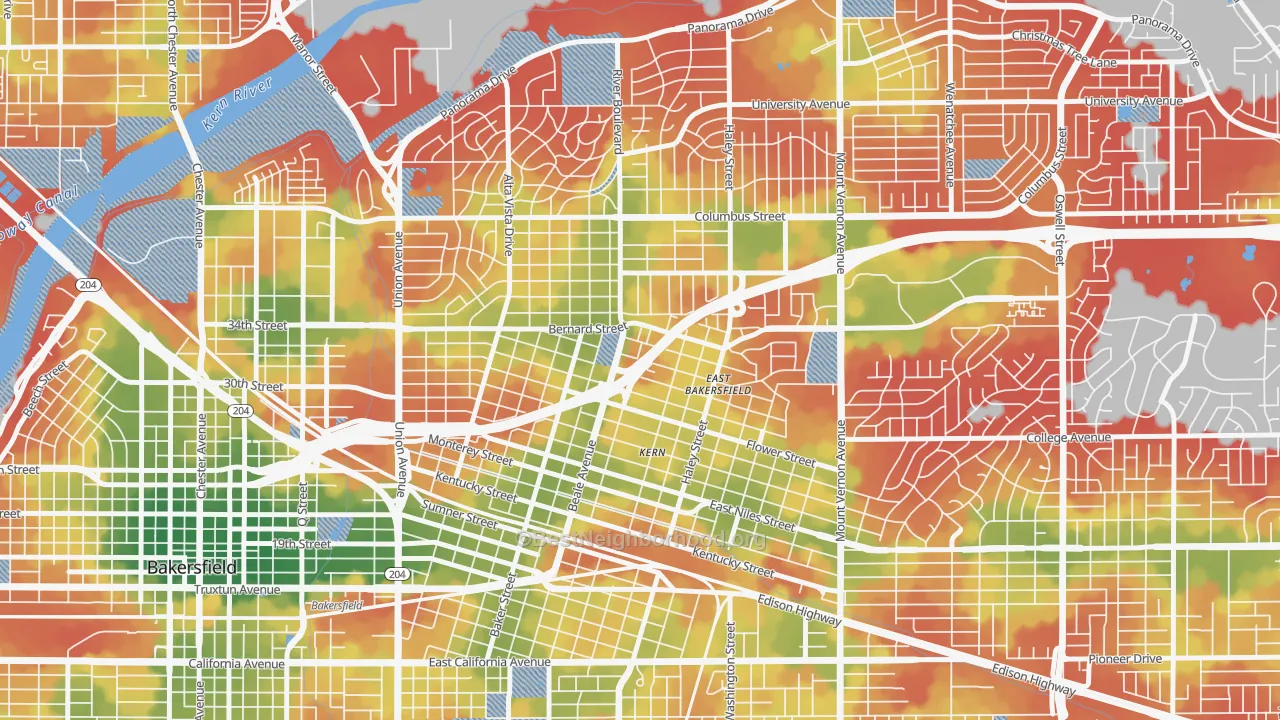 Walk Grade map of 93305, CA, walkable areas in green and car-dependent areas in red