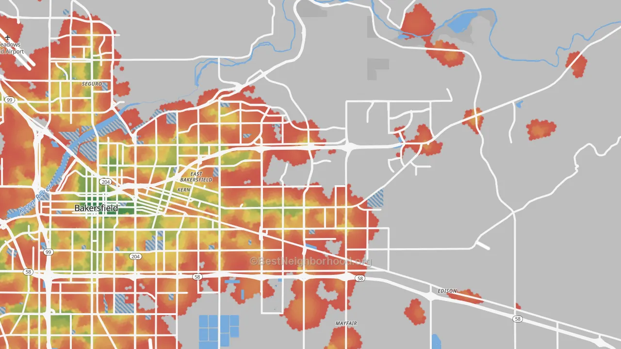 Walk Grade map of 93306, CA, walkable areas in green and car-dependent areas in red