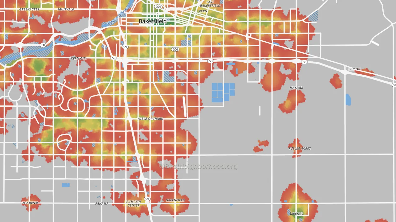 Walk Grade map of 93307, CA, walkable areas in green and car-dependent areas in red