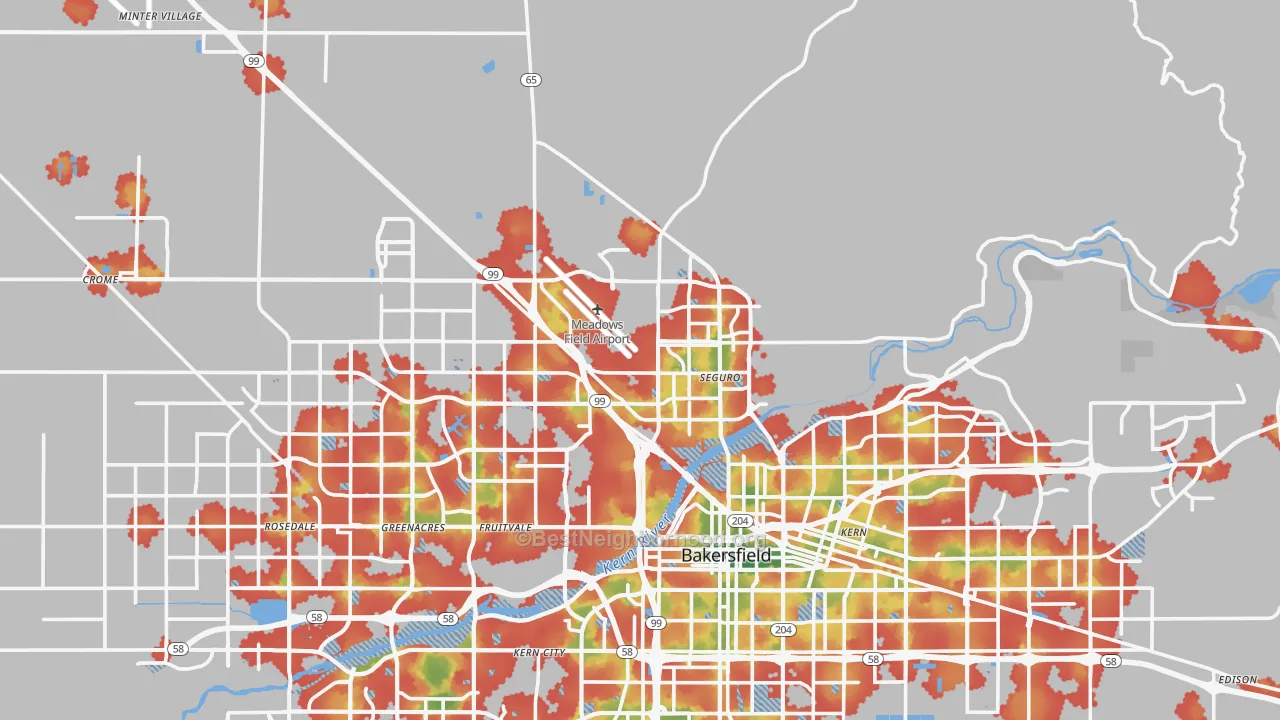 Walk Grade map of 93308, CA, walkable areas in green and car-dependent areas in red