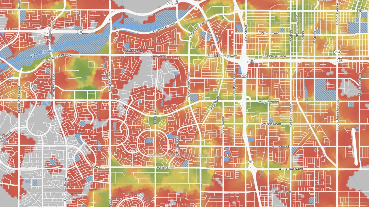 Walk Grade map of 93309, CA, walkable areas in green and car-dependent areas in red