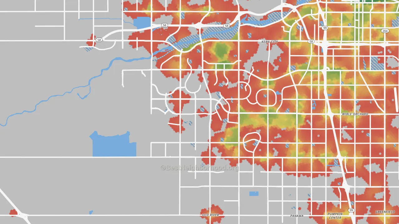 Walk Grade map of 93311, CA, walkable areas in green and car-dependent areas in red