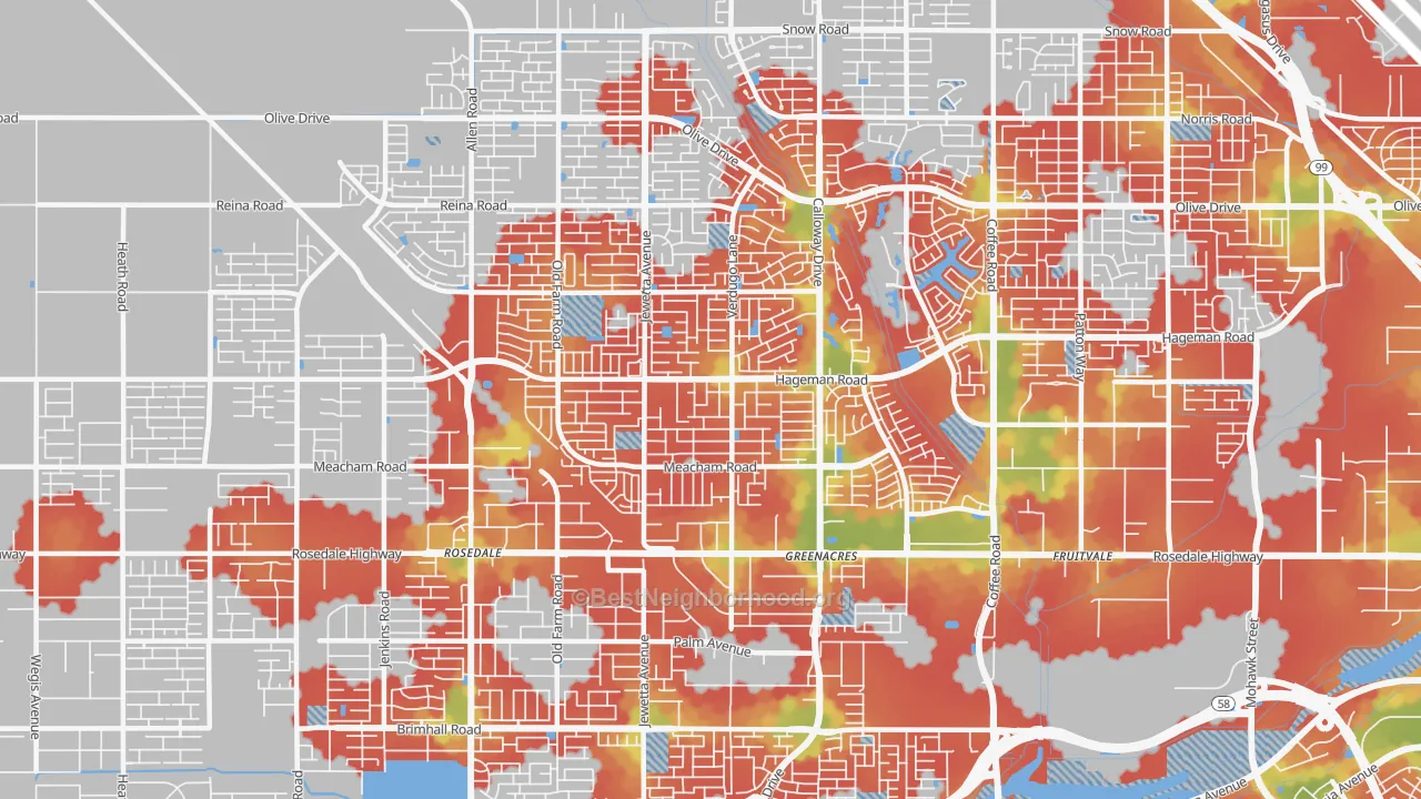 Walk Grade map of 93312, CA, walkable areas in green and car-dependent areas in red