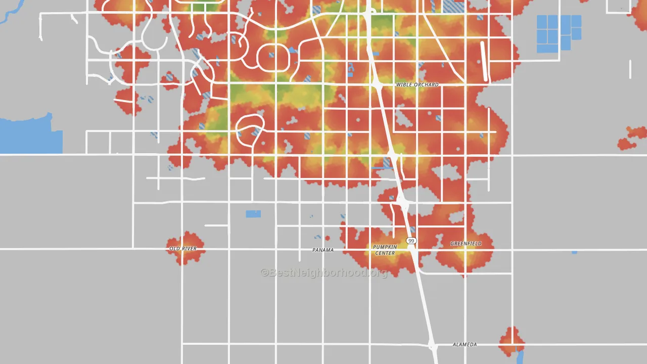 Walk Grade map of 93313, CA, walkable areas in green and car-dependent areas in red