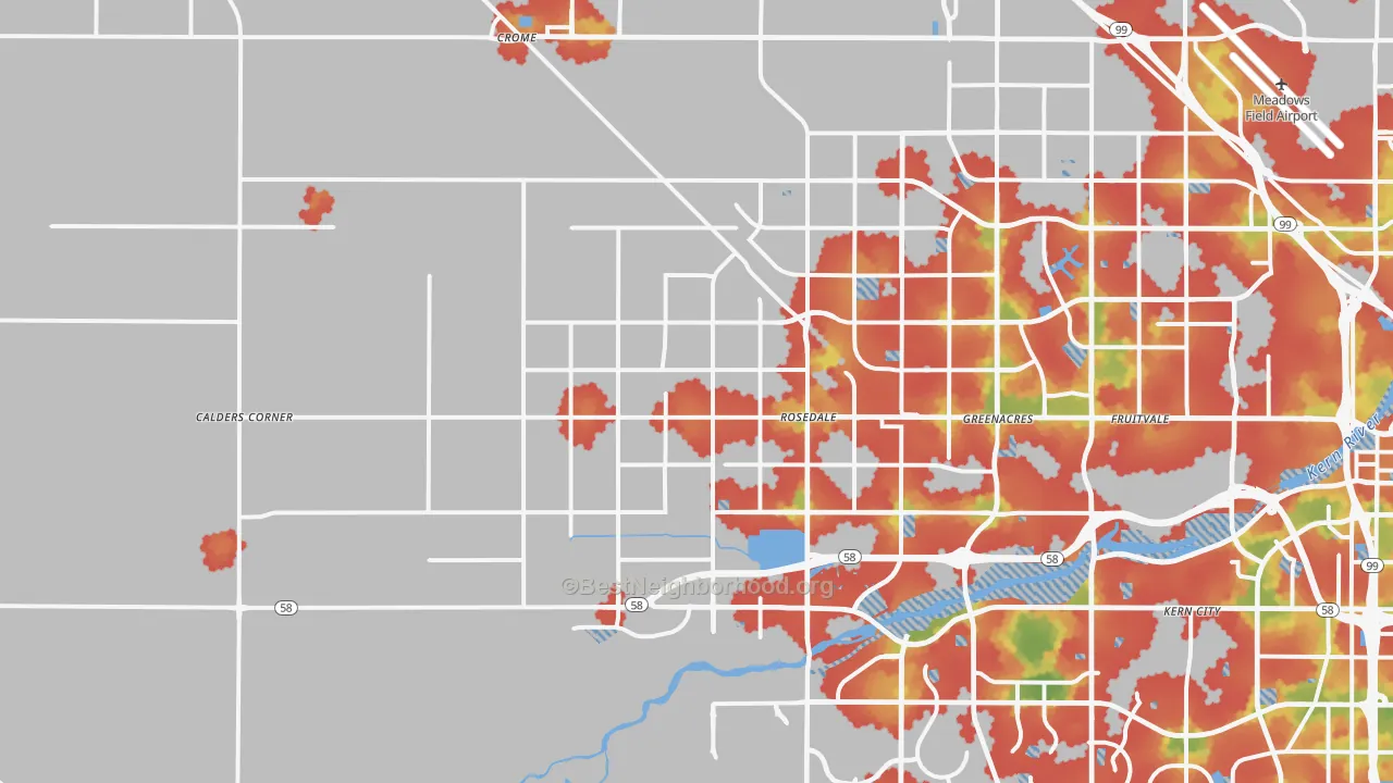 Walk Grade map of 93314, CA, walkable areas in green and car-dependent areas in red