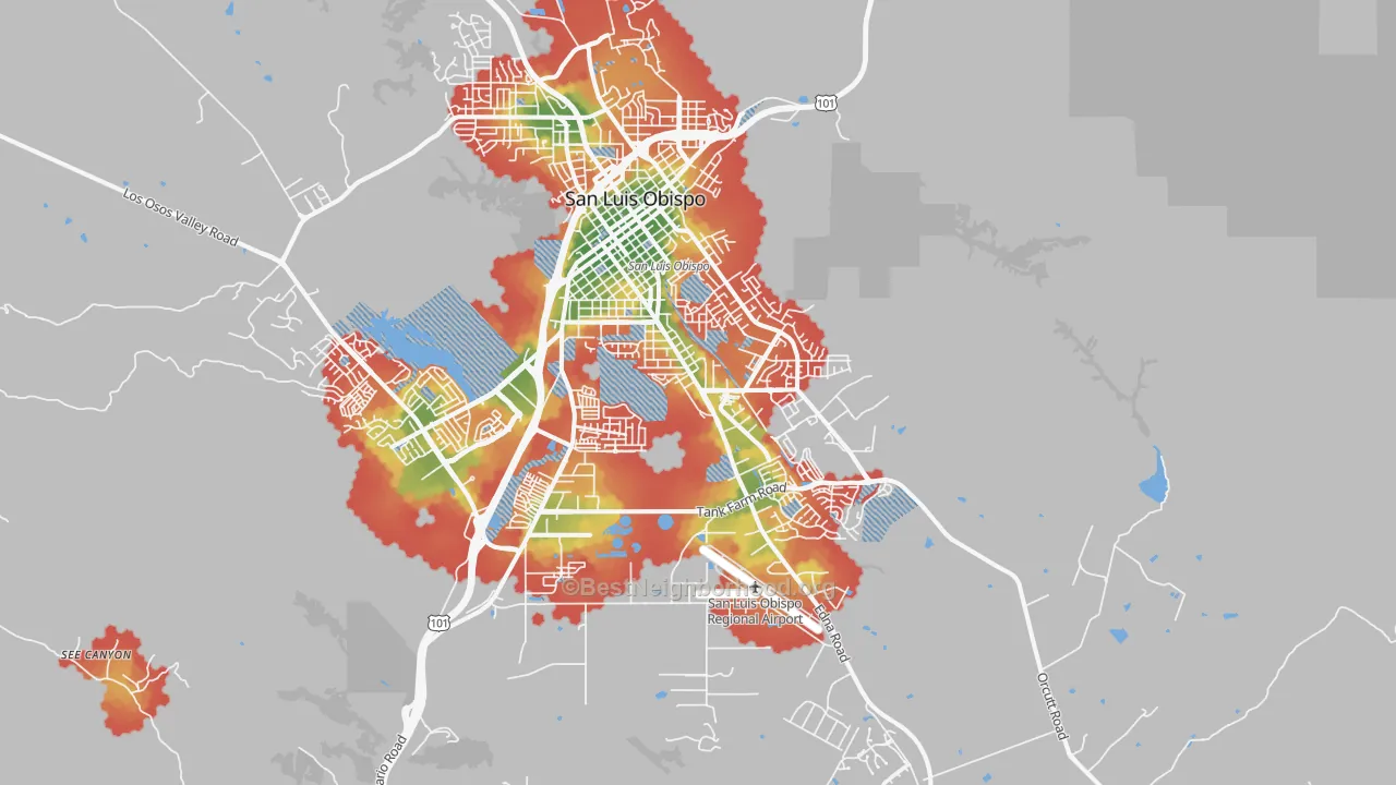 Walk Grade map of 93401, CA, walkable areas in green and car-dependent areas in red