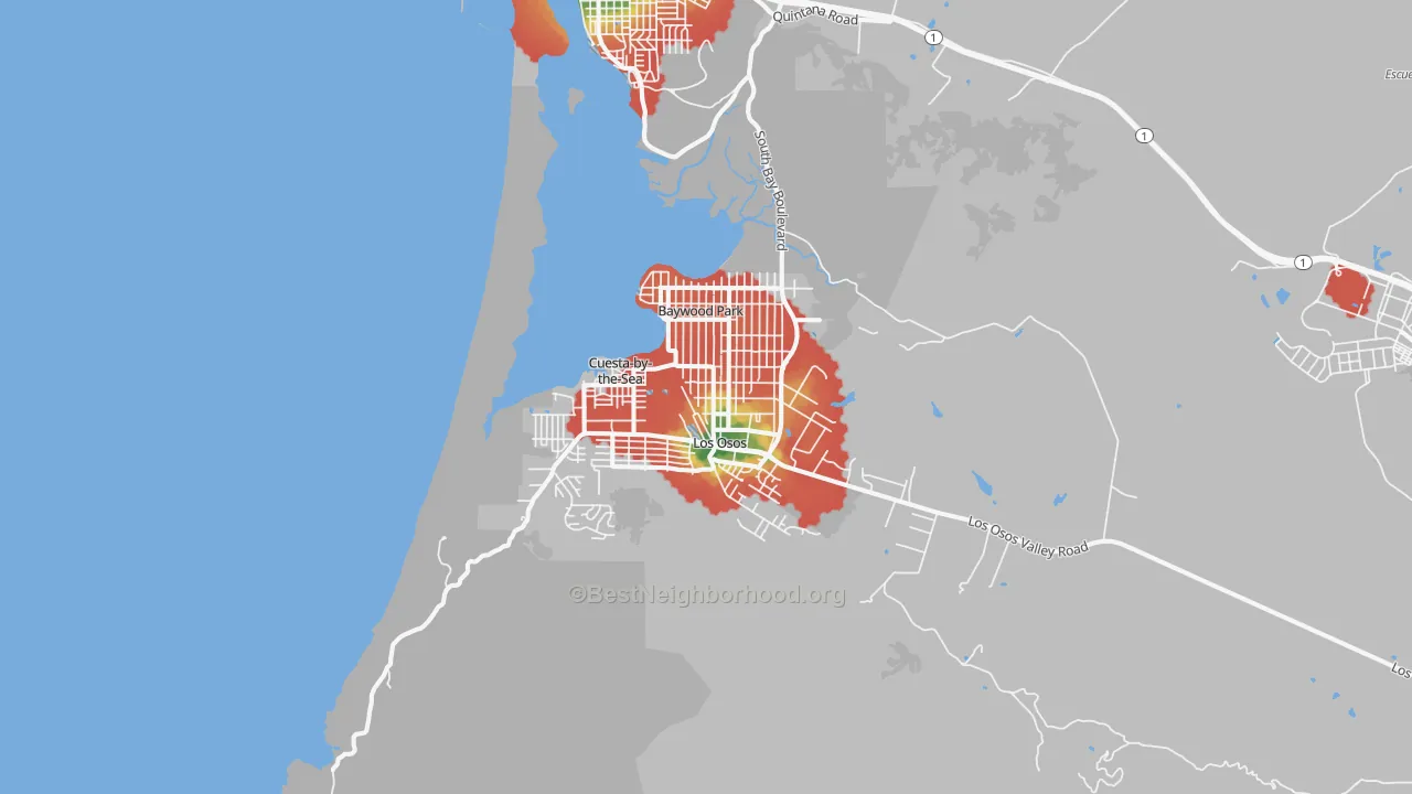 Walk Grade map of 93402, CA, walkable areas in green and car-dependent areas in red