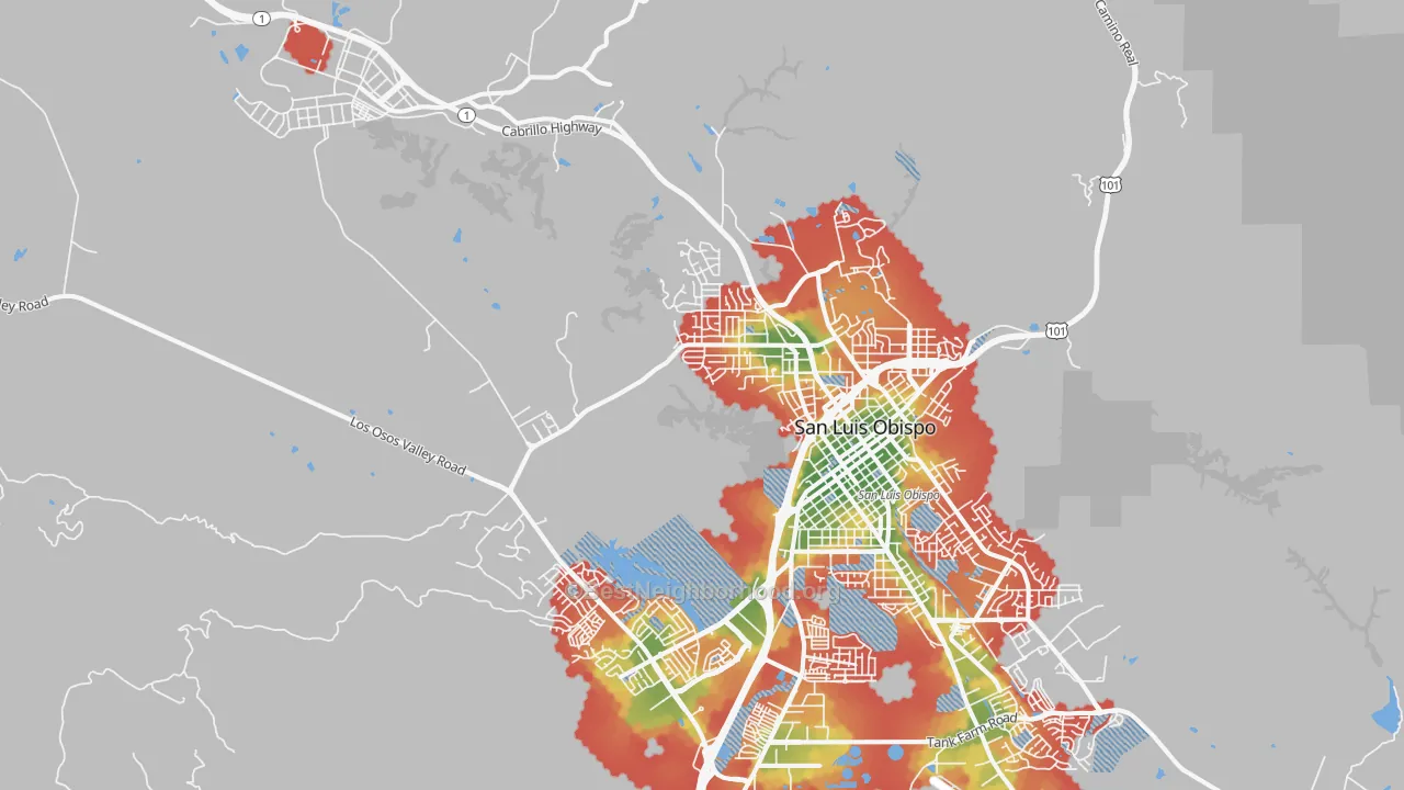 Walk Grade map of 93405, CA, walkable areas in green and car-dependent areas in red