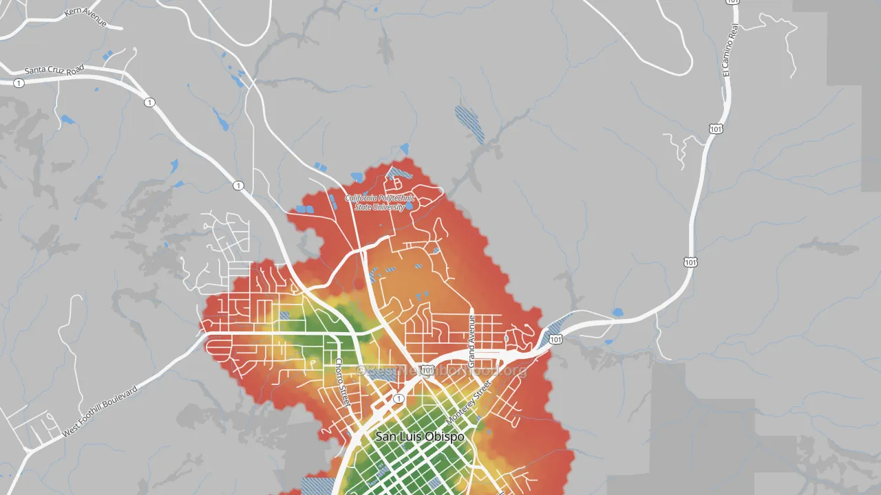 Walk Grade map of 93407, CA, walkable areas in green and car-dependent areas in red